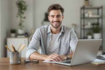 Poster - Smiling young professional man working on laptop at home office.
