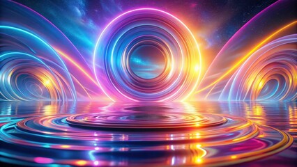 Wall Mural - Abstract Vibrant Neon Rings Reflecting on a Smooth Surface with a Celestial Backdrop