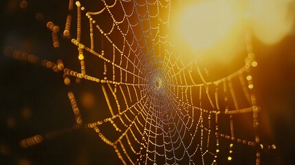 Close-up of a spider web adorned with perfectly round dew drops, glowing softly in golden sunrise light, natural green background fading out.  