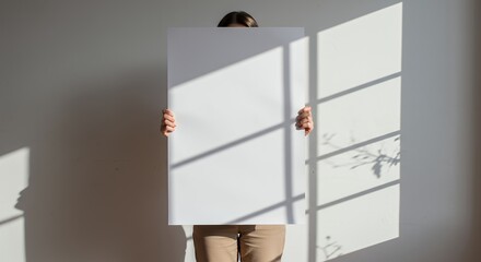 Poster - Woman holding blank poster in front of face against sunlit wall indoors
