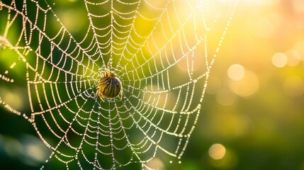 Close-up of Argiope trifasciata, its striped body and delicate web strands in sharp focus, natural background gently blurred for text.  