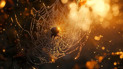 Detailed shot of a brown and black spider on a delicate web, intricate patterns of the web glowing softly, natural earthy tones in the background.  