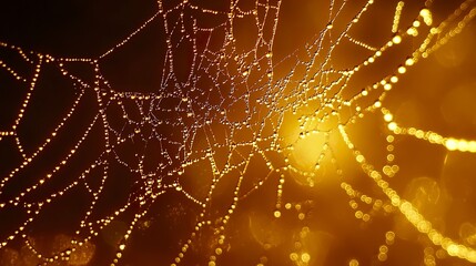 Dew-laden spider web glowing in golden sunrise light, fine threads and droplets in sharp focus, blurred earthy tones creating a soft background. 