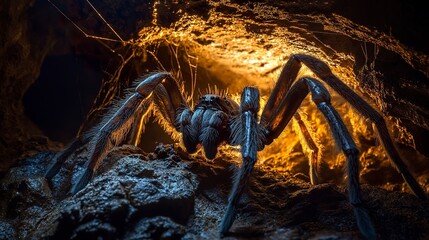 Giant spider lurking in a dark cave with intricate webs glowing under eerie lighting at night.  