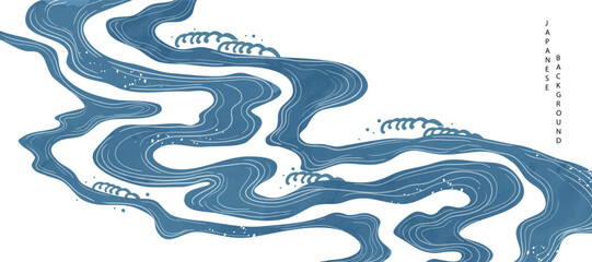 Fototapete - Luxury oriental river background vector. Chinese and Japanese wallpaper pattern design of landscape, sea wave, watercolor, line art. Design illustration for decoration, wall decor, banner, interior.