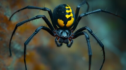 Macro of a spider with a black body and yellow abdominal markings, its fine hairs and intricate patterns in sharp focus, blurred earthy tones in the background. 