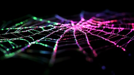 Mesmerizing neon spider web, its intricate structure glowing in bright pinks and greens, floating in darkness for a surreal and captivating effect. 