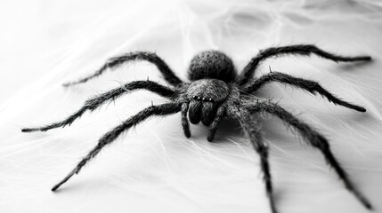 Wall Mural - Monochrome spider dangling from its silk, fine thread almost invisible, bold black and white aesthetic emphasizing the Halloween theme. 
