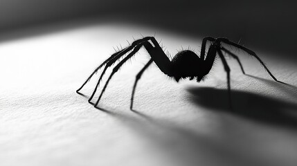 Wall Mural - Side view of a black spider, its body casting a faint shadow, isolated on white with soft lighting emphasizing its smooth, dark texture. 