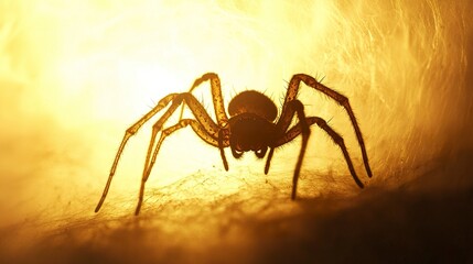 Wall Mural - Silhouette of a spider with sharp, spindly legs, centered on a glowing white-yellow background, soft halo effect adding a surreal atmosphere.  