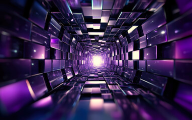 Poster - A mesmerizing journey through a tunnel of purple-hued reflective tiles, leading to a bright, mysterious light, symbolizing mystery, exploration, and the allure of the unknown.