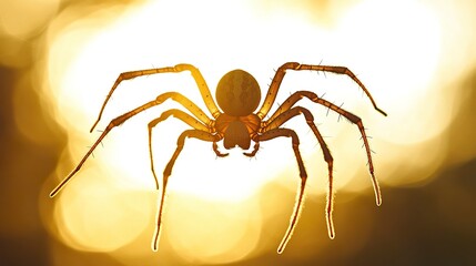 Wall Mural - Spider silhouette with fine detail on its legs and abdomen, set against a radiant white-to-gold gradient background, soft glowing light framing the shape. 