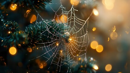 Wall Mural - Spider web intricately woven across a miniature Christmas tree, each droplet of moisture sparkling under gentle lighting, creating a magical holiday feel. 