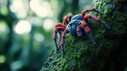 Wall Mural - Vibrant Antilles Pinktoe Tarantula climbing slowly up a mossy tree, colorful body catching light, blurred forest background for contrast.  