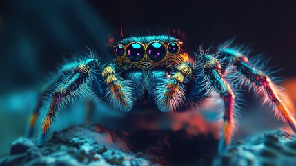 Wall Mural - Vibrant macro of a jumping spider, its prominent colorful abdomen glowing, sharp hairy legs and massive reflective eyes drawing focus, soft lighting. 