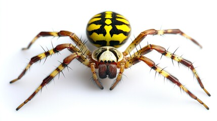Wall Mural - Wasp spider viewed from up high, Argiope bruennichi, isolated on white background 