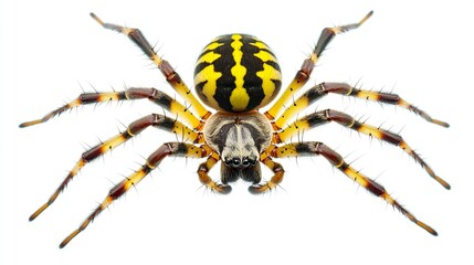 Wall Mural - Wasp spider viewed from up high, Argiope bruennichi, isolated on white background  
