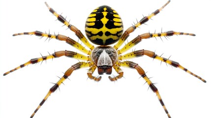 Wall Mural - Wasp spider viewed from up high, Argiope bruennichi, isolated on white background 