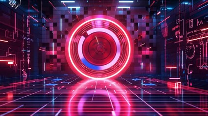Poster - Vibrant Digital Design Futuristic Glowing Circle Surrounded by Neon Grids and Abstract Technology Patterns in Immersive Environment