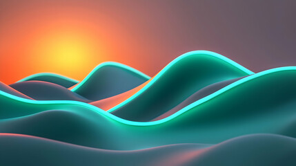 Poster - Abstract Teal And Orange Neon Hills Landscape At Sunset