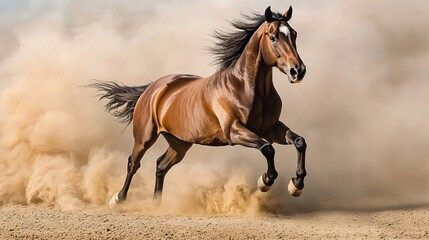 Naklejka na meble  Beautiful Brown Horse Galloping in Desert: Freedom and Power of the Strong Equestrian Stallion
