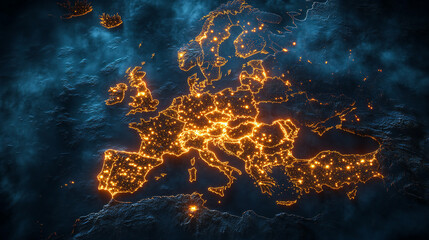 Wall Mural - Map of the Europe continent with glowing lights in yellow and orange, representing bustling city activity at night, with Earth's blue surface in background
