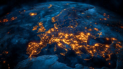 Wall Mural - Map of the Europe continent with glowing lights in yellow and orange, representing bustling city activity at night, with Earth's blue surface in background