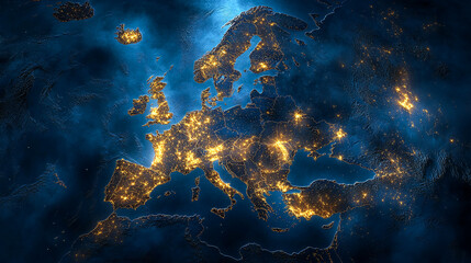 Wall Mural - Map of the Europe continent with glowing lights in yellow and orange, representing bustling city activity at night, with Earth's blue surface in background