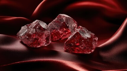 Poster - An elegant composition of raw and cut garnets, showcasing deep red hues on a silk fabric.