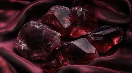 Poster - An elegant composition of raw and cut garnets, showcasing deep red hues on a silk fabric.