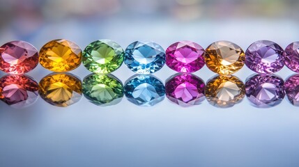 Poster - An exquisite lineup of loose faceted gemstones arranged in a symmetrical pattern on a reflective surface.