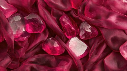 Poster - An elegant composition of raw and cut garnets, showcasing deep red hues on a silk fabric.