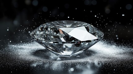 Poster - A rotating faceting disk shaping a brilliant-cut diamond, with fine dust particles in motion.