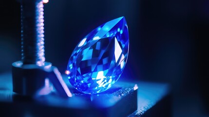 Poster - A sapphire being cut on a precision machine, emphasizing its vibrant blue reflections.