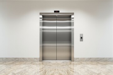 Closed stainless steel elevator doors in a modern interior with white walls and marble flooring. Minimalist architecture concept. Ai generative