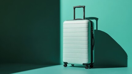 Poster - Hard-shell carry-on with reinforced corners, standing against a solid green backdrop, representing long-lasting durability.