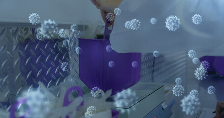 Poster - Scientist in lab coat conducting research with virus graphics overlay