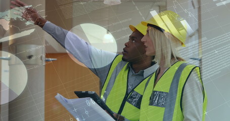 Poster - Image of statistics and graphs rolling over male and female workers using digital tabet
