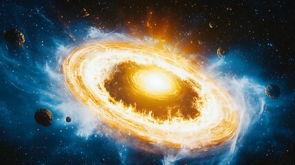 Poster - Fiery cosmic ring in deep space.  A swirling vortex of incandescent energy, encircling a brilliant core.  Cosmic dust and celestial bodies surround this dynamic event