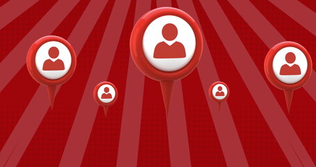 Poster - Image of red person social media icons over rotating red bright stripes moving in hypnotic motion