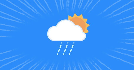 Poster - image of spinning sun with cloud over white stripes on blue background