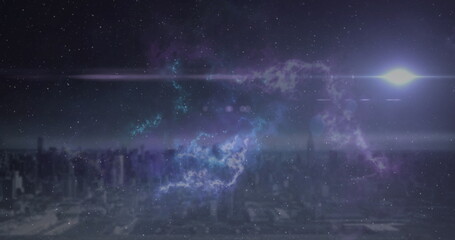 Poster - image of glowing spot disappearing over city horizon line with clouds of smoke
