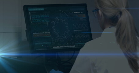 Poster - Image of female scientist looking at computer screen with data processing