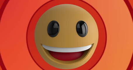 Poster - Image of smiley emoji icon on orange bright vibrant circles moving in hypnotic motion