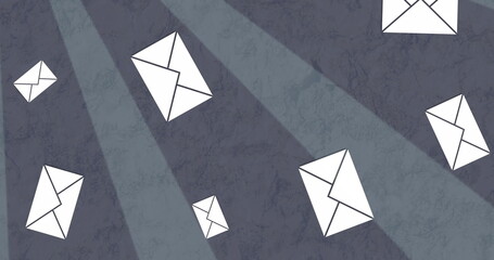 Poster - image of envelope email icons falling over rotating grey bright stripes