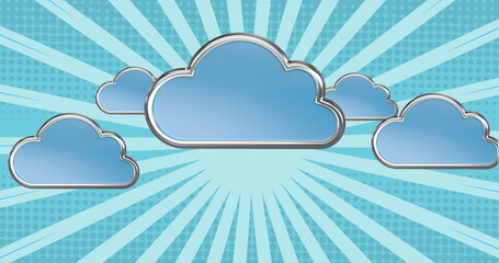 Poster - image of clouds over rotating blue bright vibrant stripes moving in hypnotic motion in seamless loop