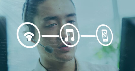 Poster - Asian man using headset interacting with digital interface, focused on technology