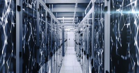 Poster - Image of digital information flowing through network of computer servers in server room