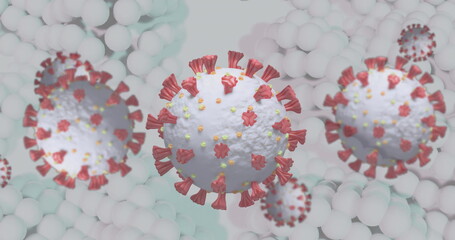 Poster - Image of 3D coronavirus Covid 19 cells spinning on white bubbling background