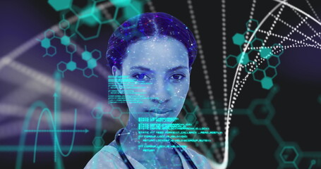 Poster - Image of digital interface with DNA strand and medical icons and data processing over female doctor